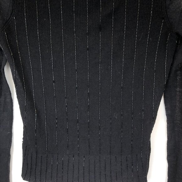Magaschoni Black Ribbed Turtleneck Sweater Beaded Stripes Semi-Sheer Size S - Picture 5 of 9